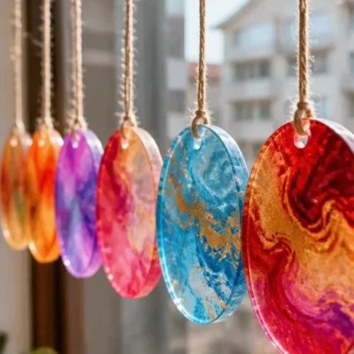 Colorful DIY gelatin sun catcher hanging in a window
