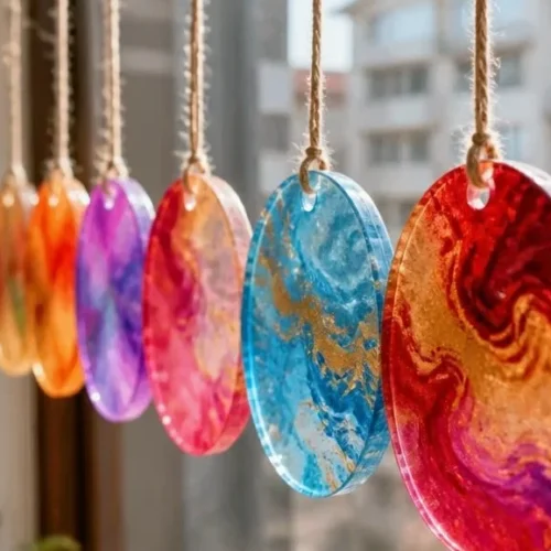 Colorful DIY gelatin sun catchers hanging in a window.
