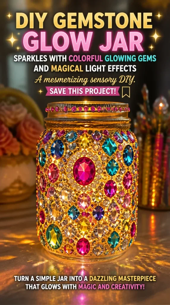 Colorful gemstone glow jar displaying vibrant glowing gems and magical lighting effects.