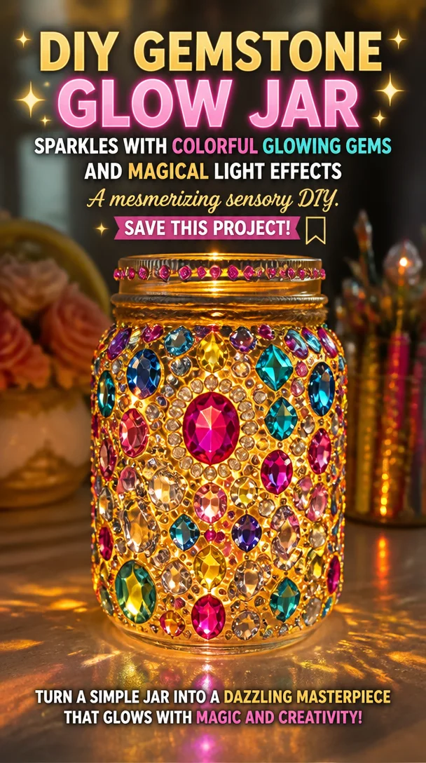 Colorful gemstone glow jar displaying vibrant glowing gems and magical lighting effects.