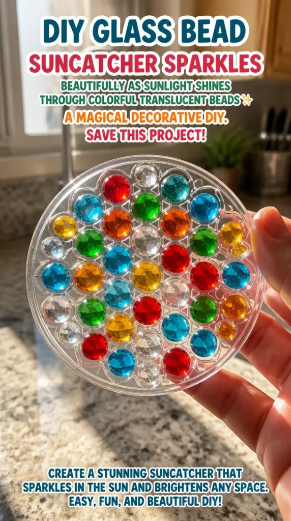 Colorful DIY glass bead suncatcher sparkling in sunlight