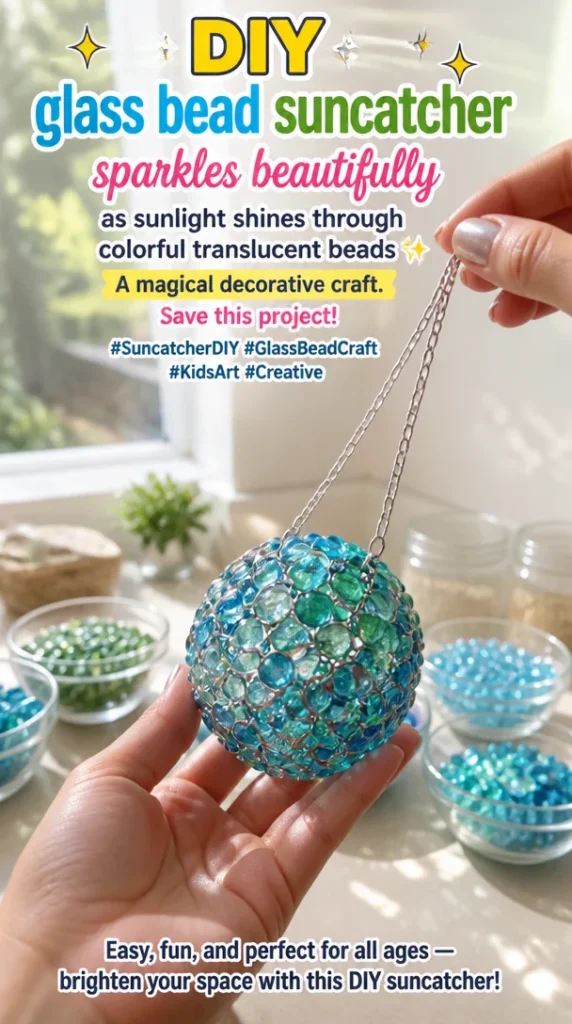 Colorful glass bead suncatcher sparkling in sunlight, showcasing a DIY craft project.