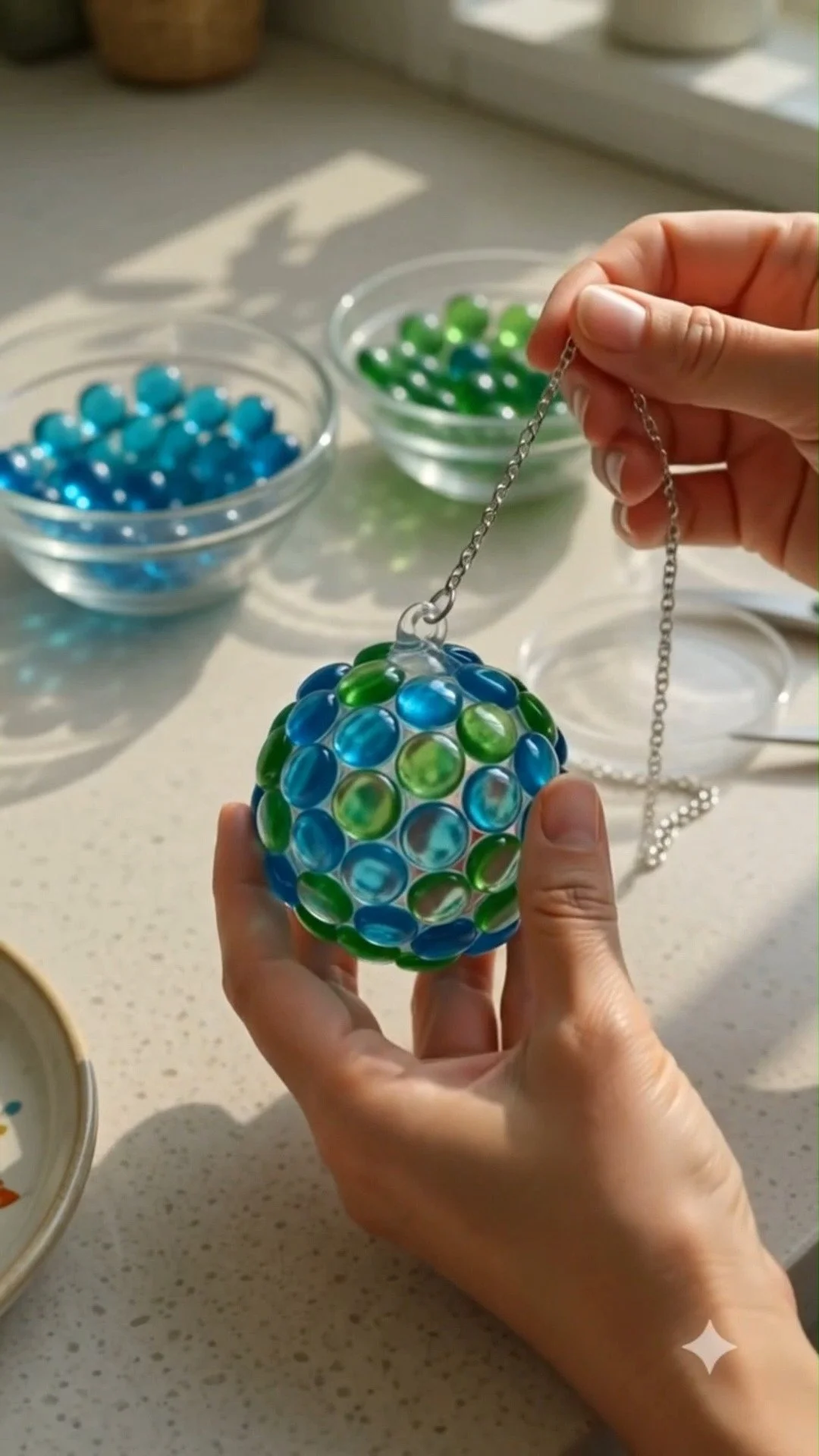 DIY glass bead suncatcher sparkles beautifully as sunlight shines through colorful translucent beads ✨ A magical decorative craft. Save this project! #SuncatcherDIY #GlassBeadCraft #KidsArt #Creative