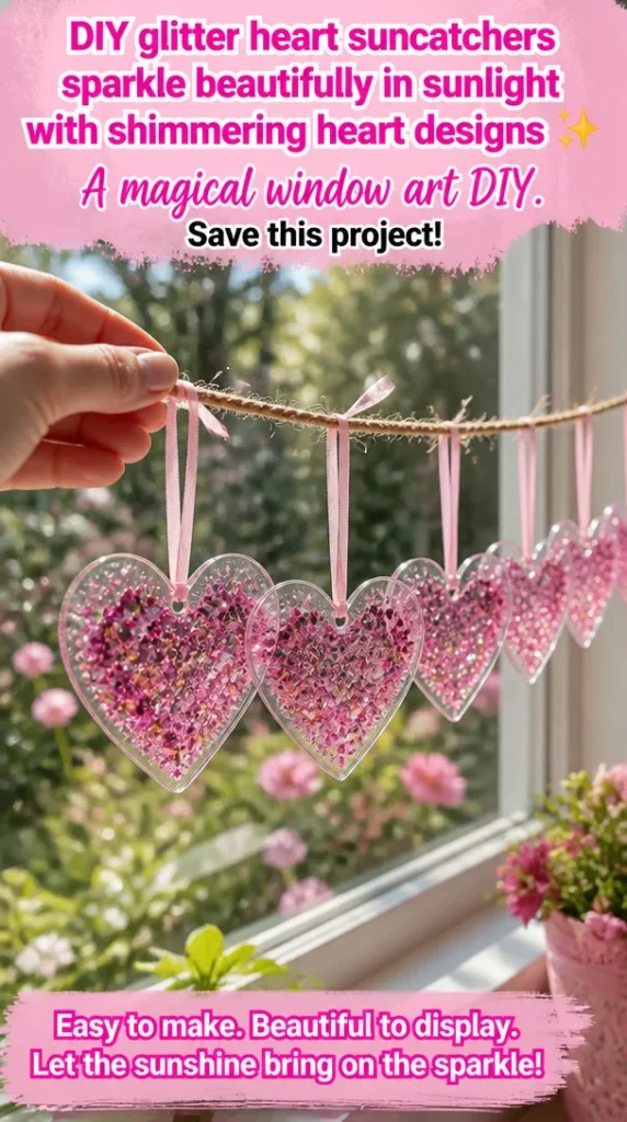 Colorful DIY glitter heart suncatchers shining in sunlight, perfect for window decor.