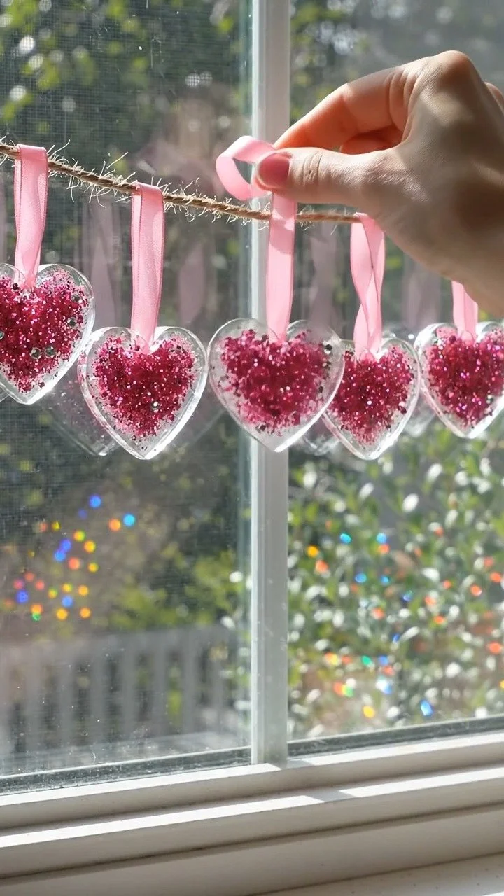 DIY glitter heart suncatchers sparkle beautifully in sunlight with shimmering heart designs ✨ A magical window art DIY. Save this project!