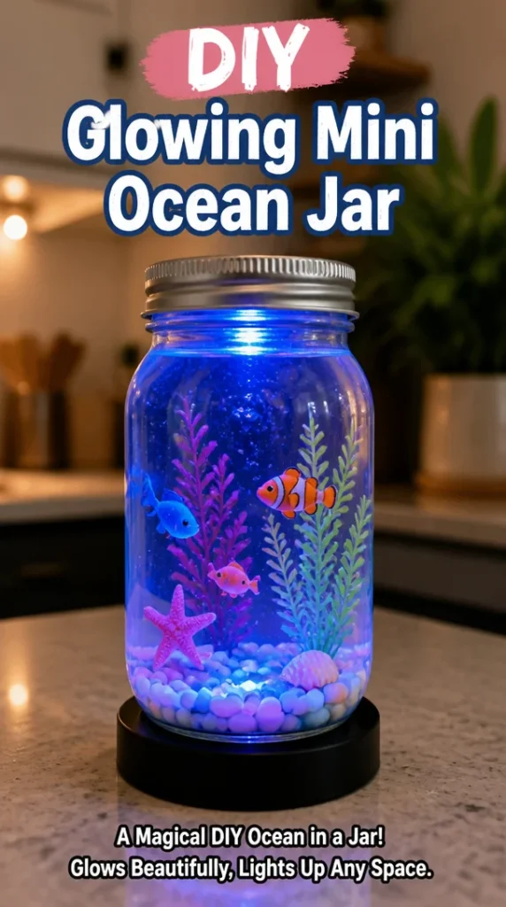 DIY glowing mini ocean jar project with colorful materials and sparkling effects