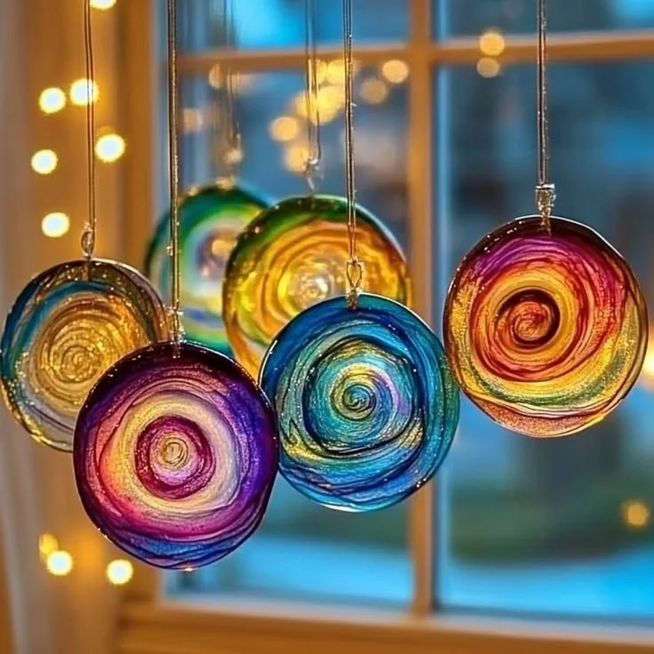 DIY glue sun catcher project with colorful designs