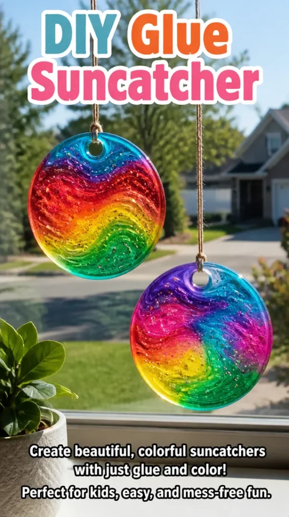 Colorful DIY glue suncatcher hanging in a window