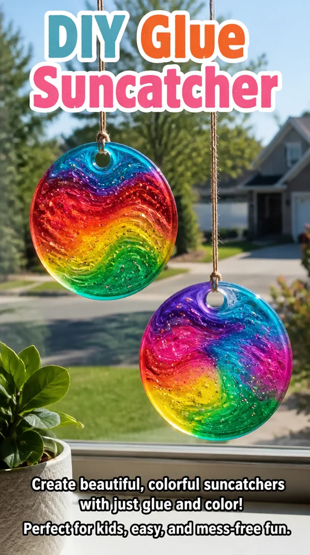 Colorful DIY glue suncatcher hanging in a window