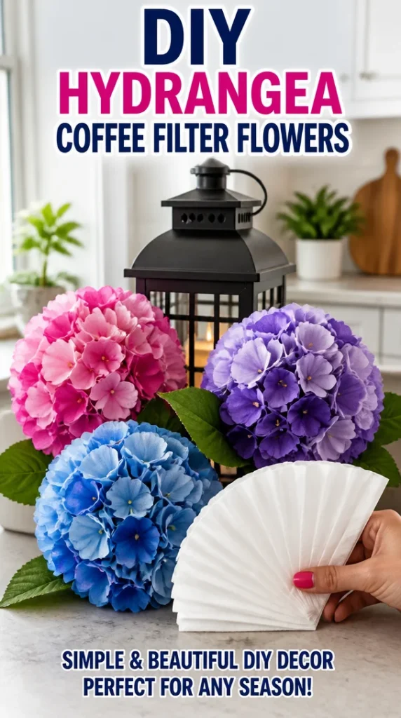 DIY hydrangea flowers made from coffee filters for home decoration