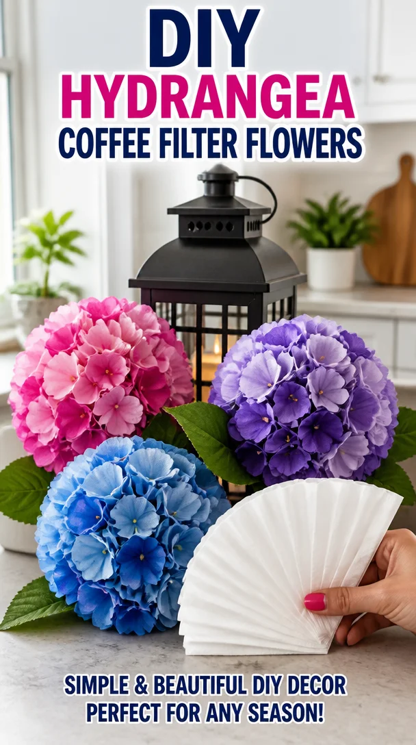 DIY hydrangea flowers made from coffee filters for home decoration