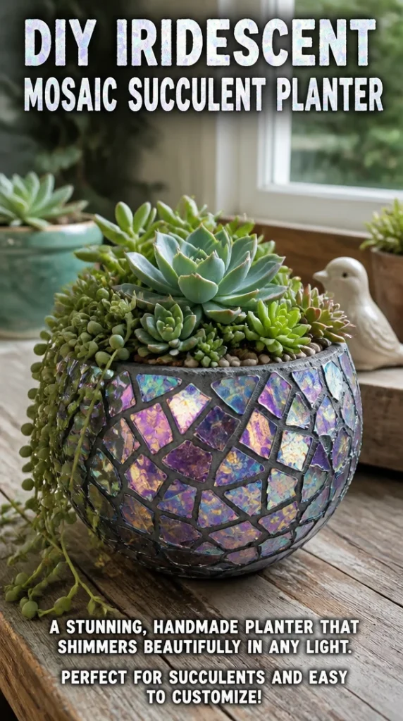 DIY iridescent mosaic succulent planter featuring colorful tiles and greenery
