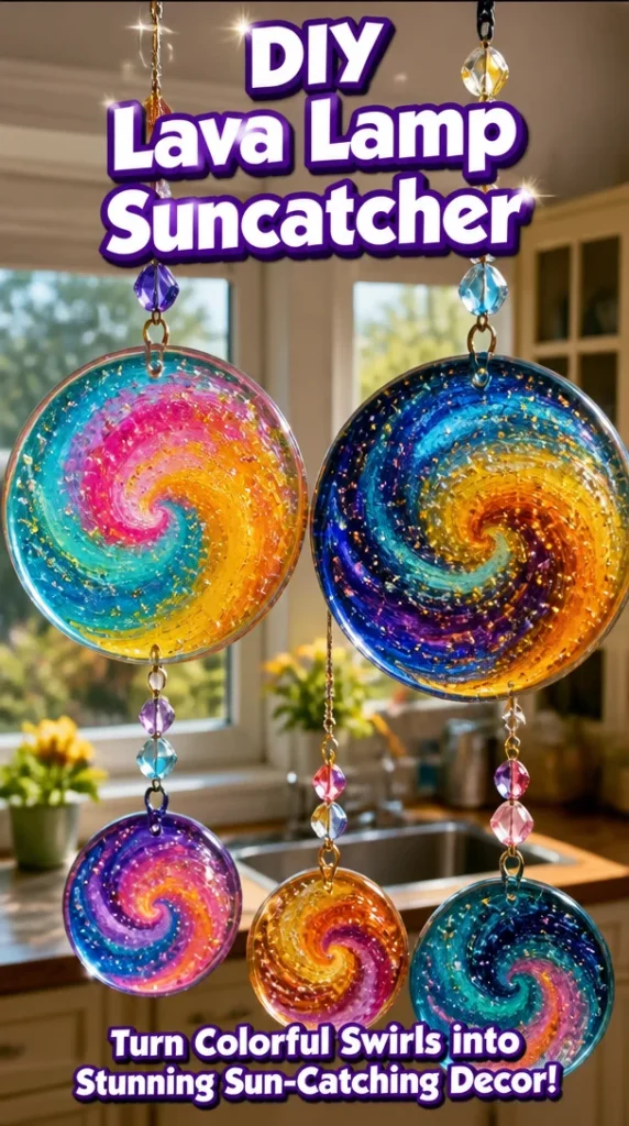 DIY lava lamp suncatcher project with colorful liquid and light effects