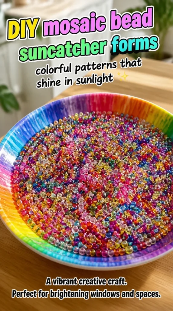 Colorful DIY mosaic bead suncatcher reflecting sunlight and vibrant patterns.