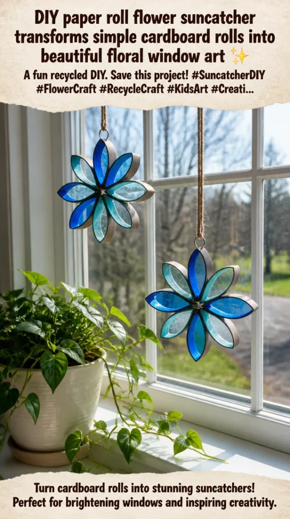 DIY paper roll flower suncatcher crafted from recycled cardboard rolls
