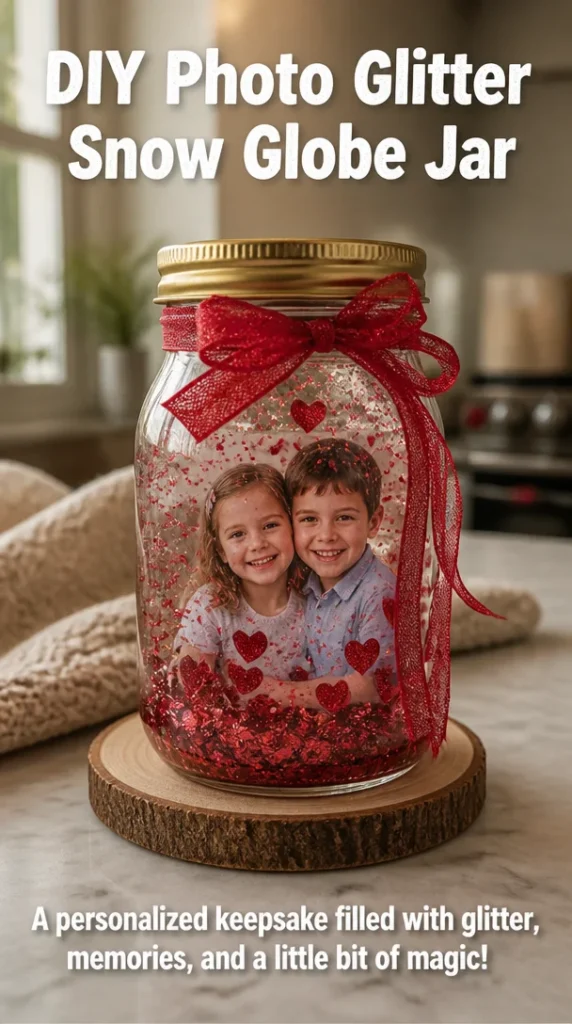 DIY photo glitter snow globe jar with festive decorations