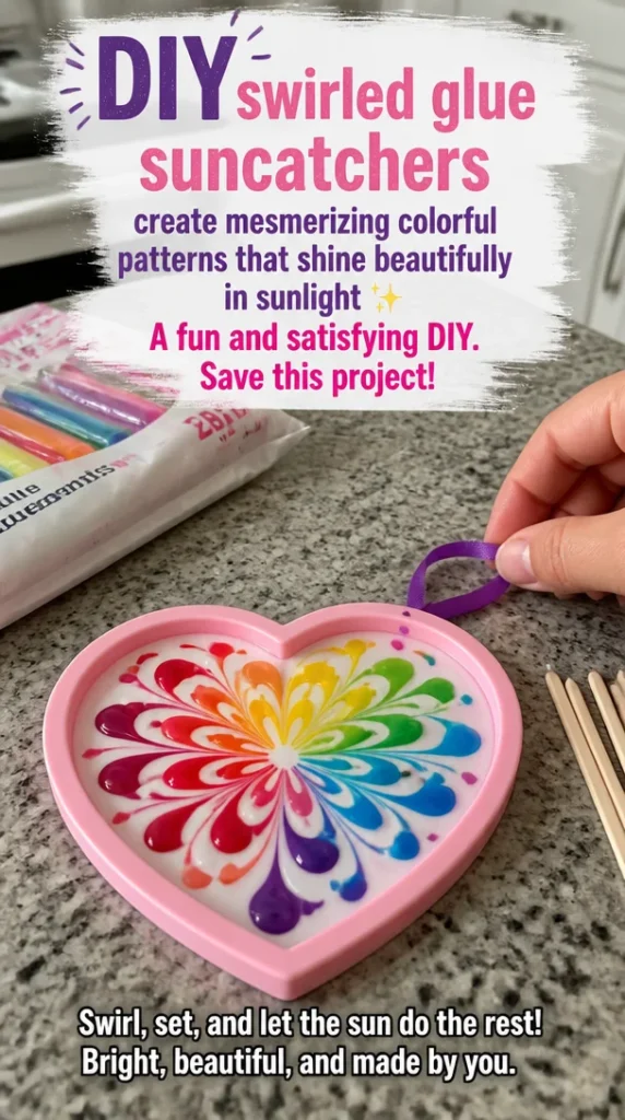 Colorful DIY swirled glue suncatchers shining in sunlight, showcasing mesmerizing patterns.