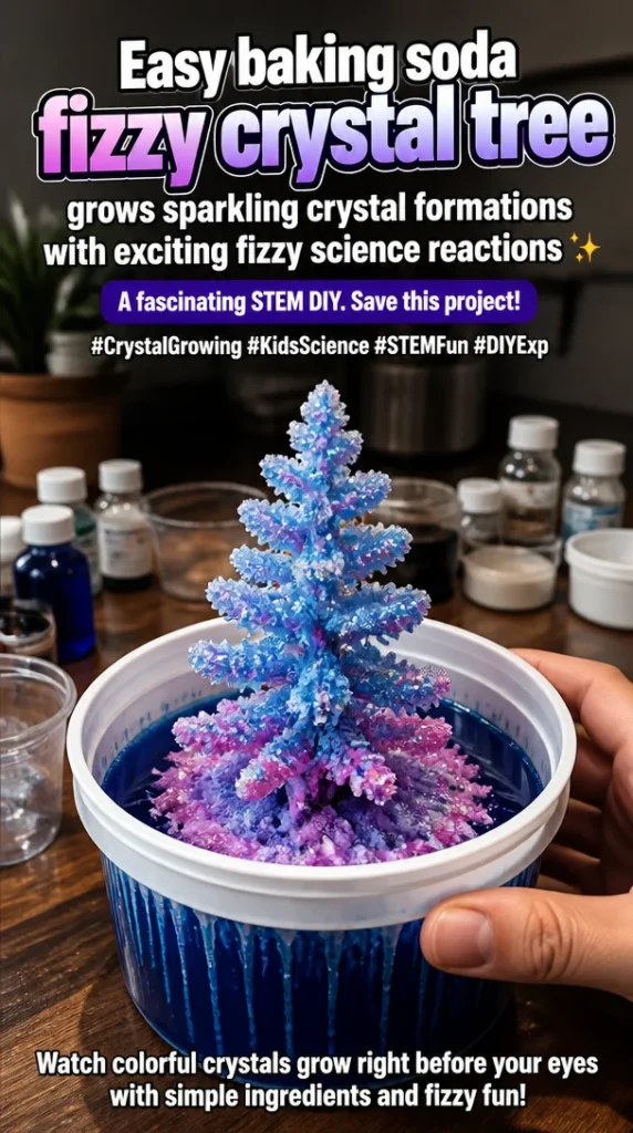 Baking soda crystal tree showcasing sparkling crystal formations in a STEM DIY project.