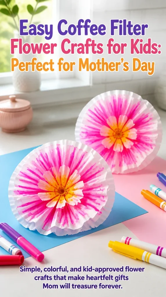 Colorful coffee filter flower crafts made by kids for Mother's Day gift.