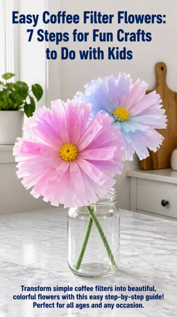 Colorful coffee filter flowers crafted with kids in easy DIY steps.