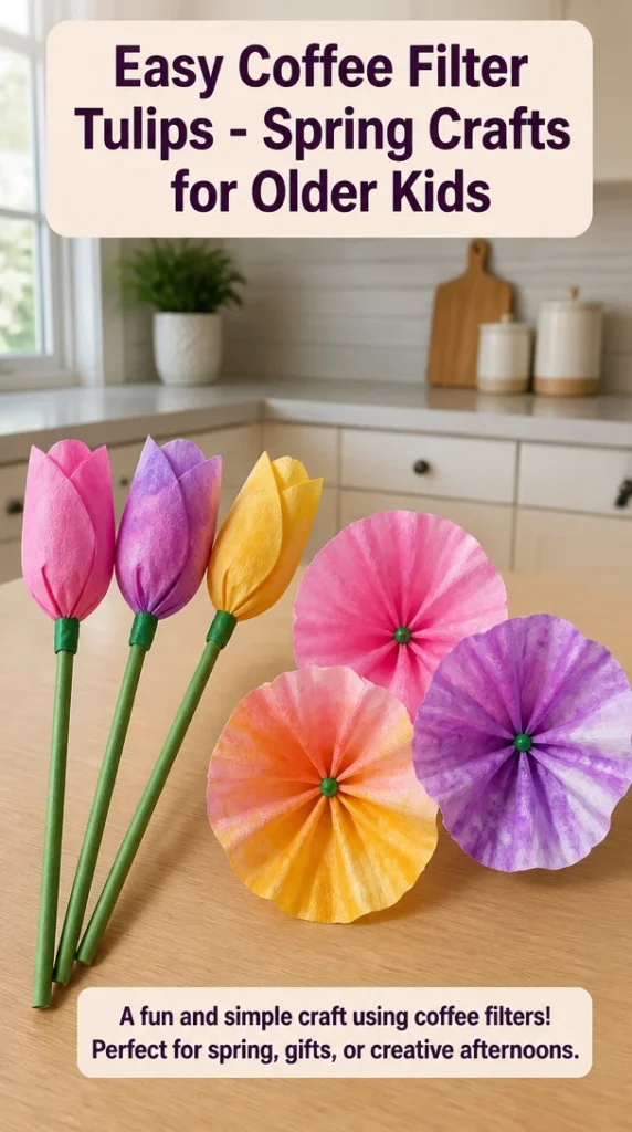 Colorful coffee filter tulips made as a spring craft project for older kids