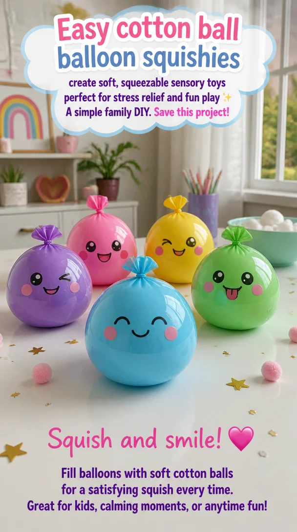 Colorful cotton ball balloon squishies for stress relief and fun family activities.