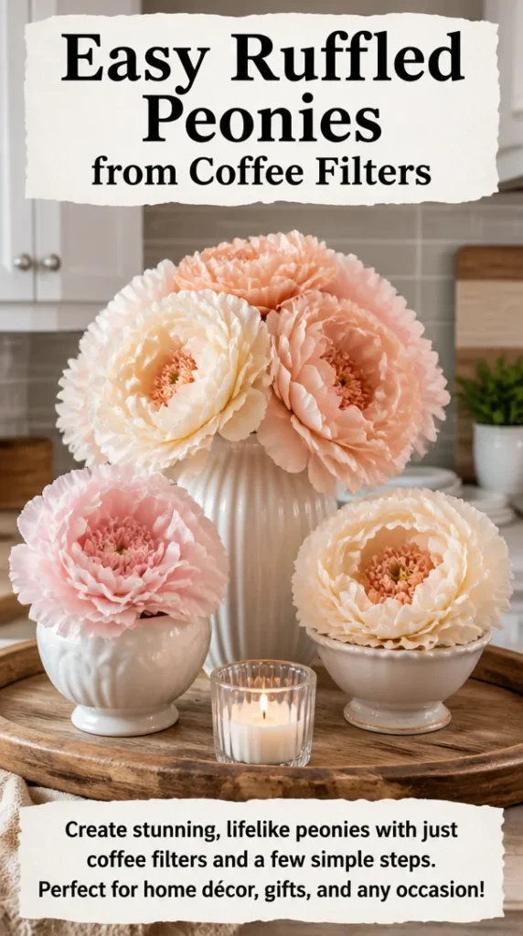 Crafted ruffled peonies made from coffee filters in vibrant colors