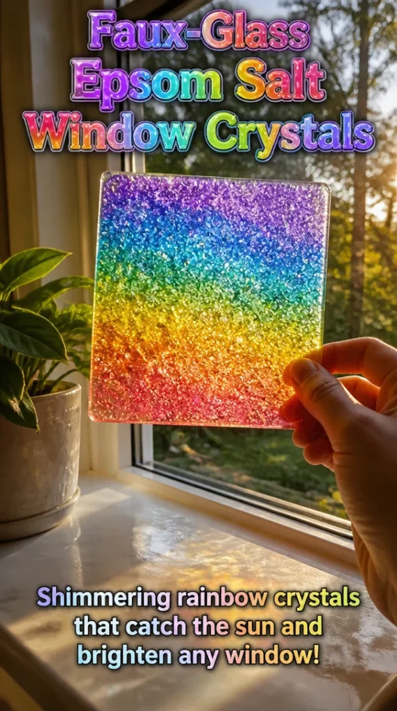 Faux-Glass Epsom Salt Window Crystals creating a shimmering decor effect