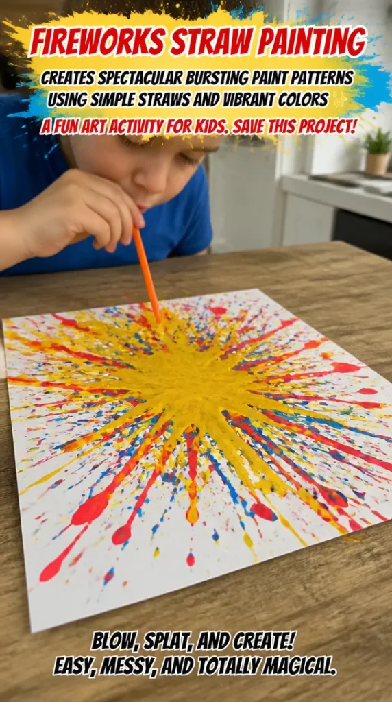 Colorful fireworks straw painting activity with vibrant patterns for kids