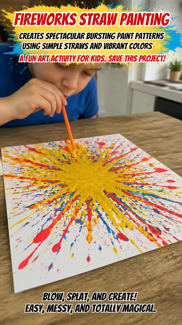 Fireworks straw painting creates spectacular bursting paint patterns using simple straws and vibrant colors ✨ A fun art activity for kids. Save this project!