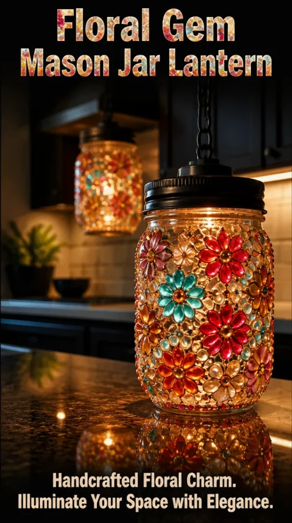 Floral Gem Mason Jar Lantern illuminating a cozy setting