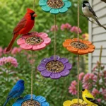 Colorful flower-shaped bird seed ornaments hanging in a garden.