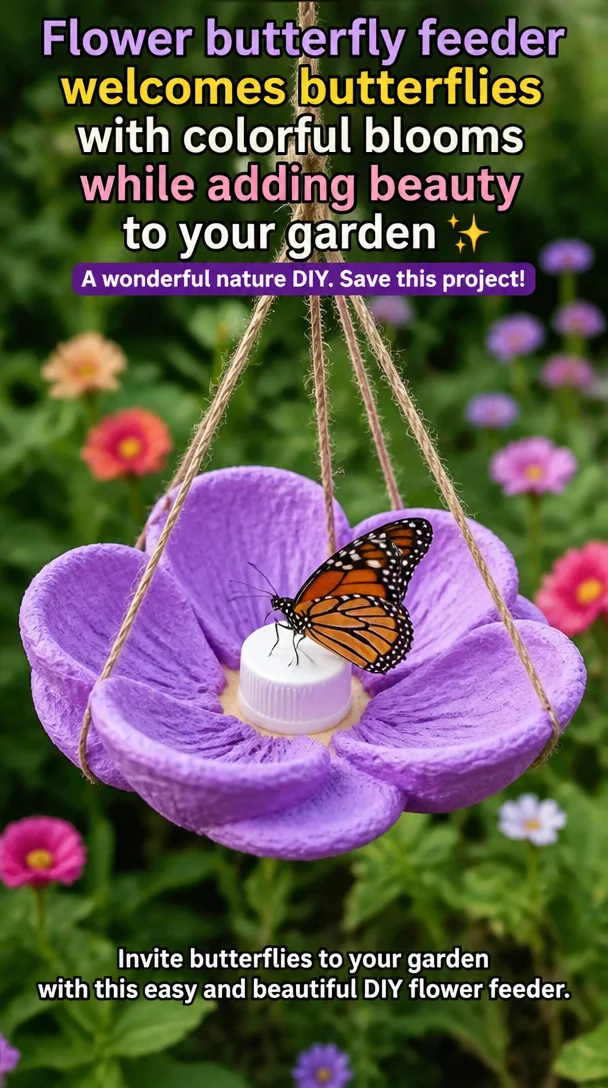 Flower butterfly feeder welcomes butterflies with colorful blooms while adding beauty to your garden ✨ A wonderful nature DIY. Save this project!