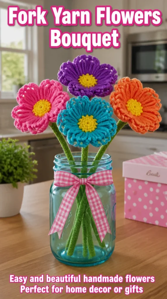 Colorful yarn flowers bouquet made with fork technique for decorative purposes.