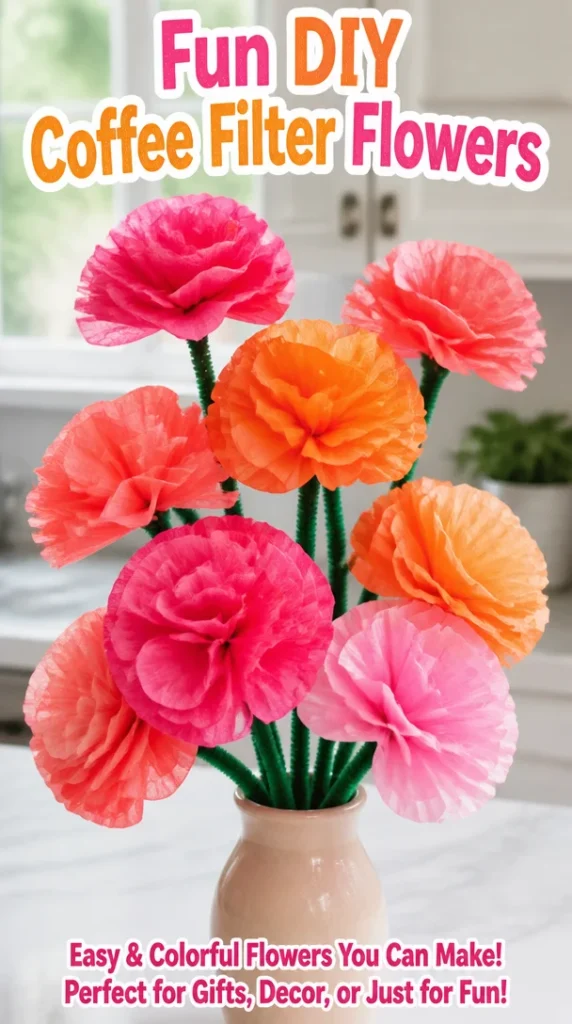 Colorful DIY coffee filter flowers arranged in a vase.