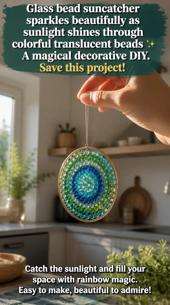 Colorful glass bead suncatcher illuminating sunlight through translucent beads.