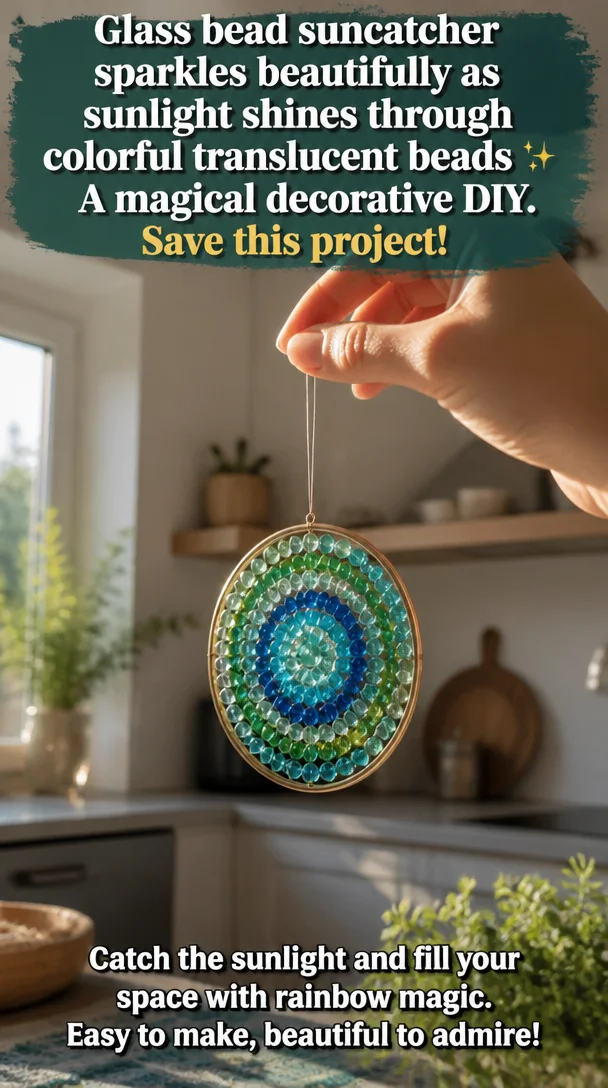 Colorful glass bead suncatcher illuminating sunlight through translucent beads.