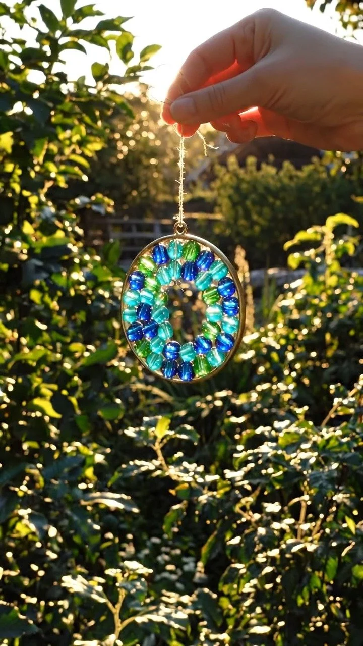 Glass bead suncatcher sparkles beautifully as sunlight shines through colorful translucent beads ✨ A magical decorative DIY. Save this project!