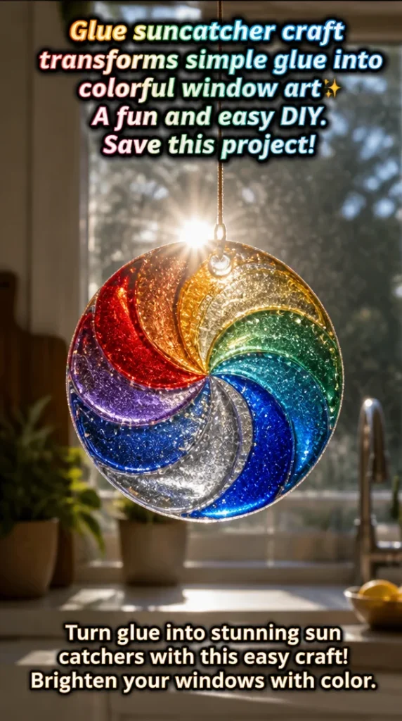 Colorful glue suncatcher craft artwork displayed on a bright window