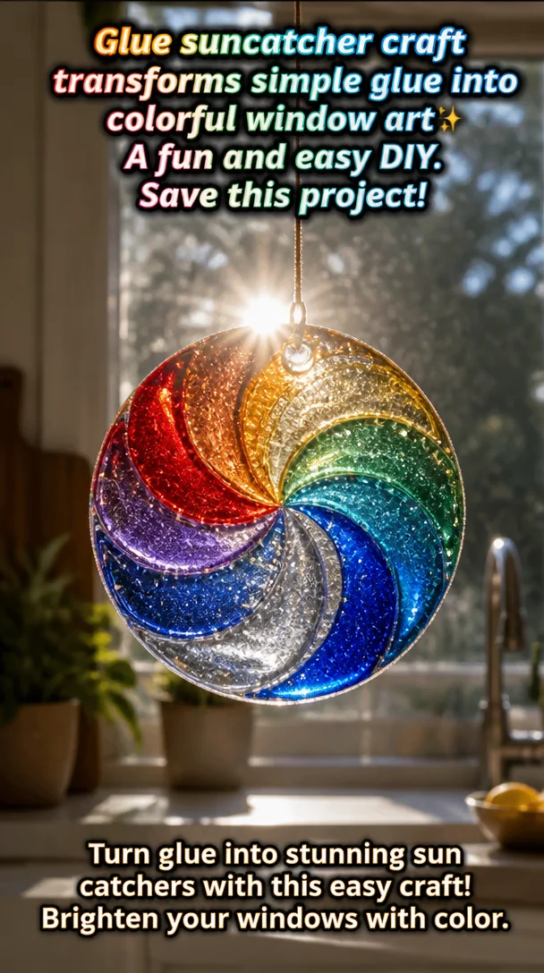 Colorful glue suncatcher craft artwork displayed on a bright window