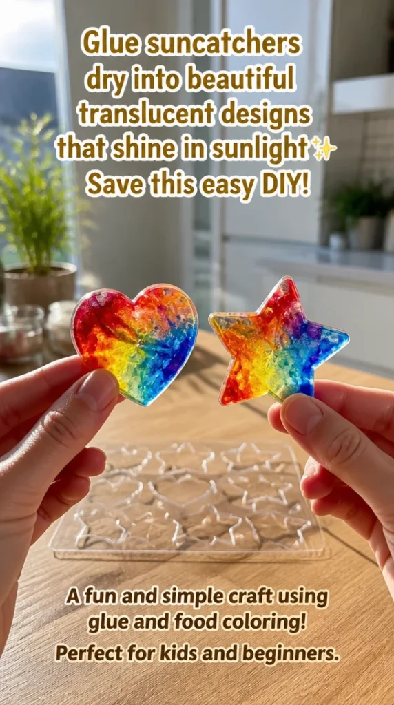 DIY glue suncatchers with translucent designs shining in sunlight