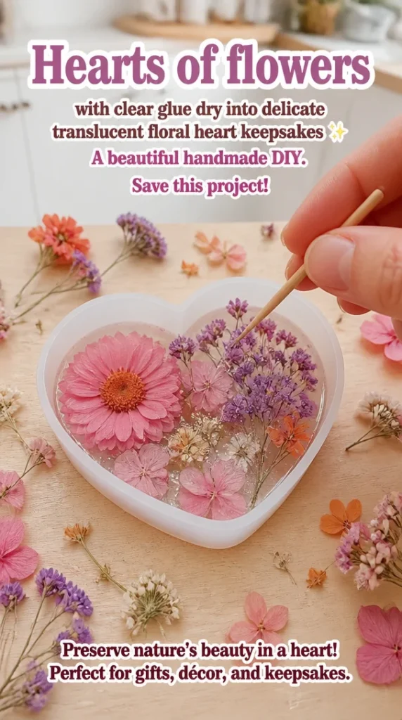 Delicate floral heart keepsakes made with clear glue in a beautiful display.