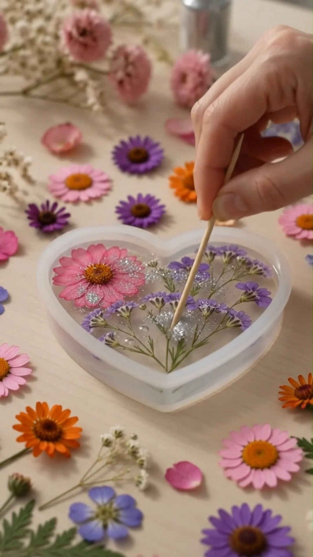 Hearts of flowers with clear glue dry into delicate translucent floral heart keepsakes ✨ A beautiful handmade DIY. Save this project!