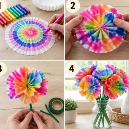 Colorful coffee filter flowers crafted by kids for a fun art project.