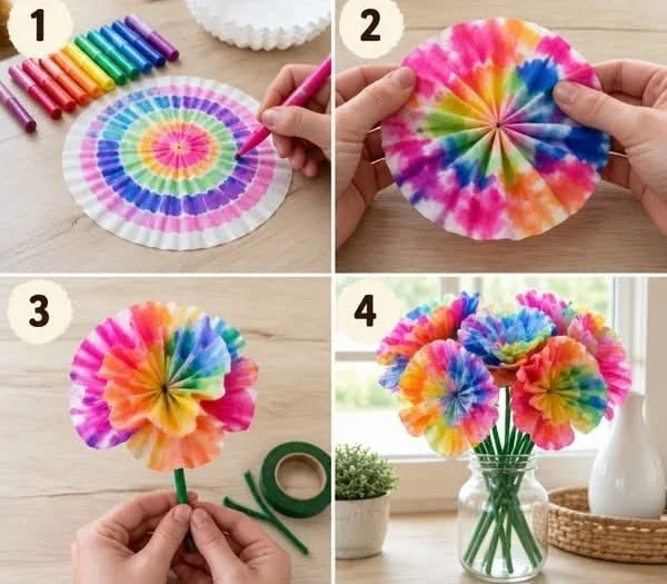 Colorful coffee filter flowers crafted by kids for a fun art project.