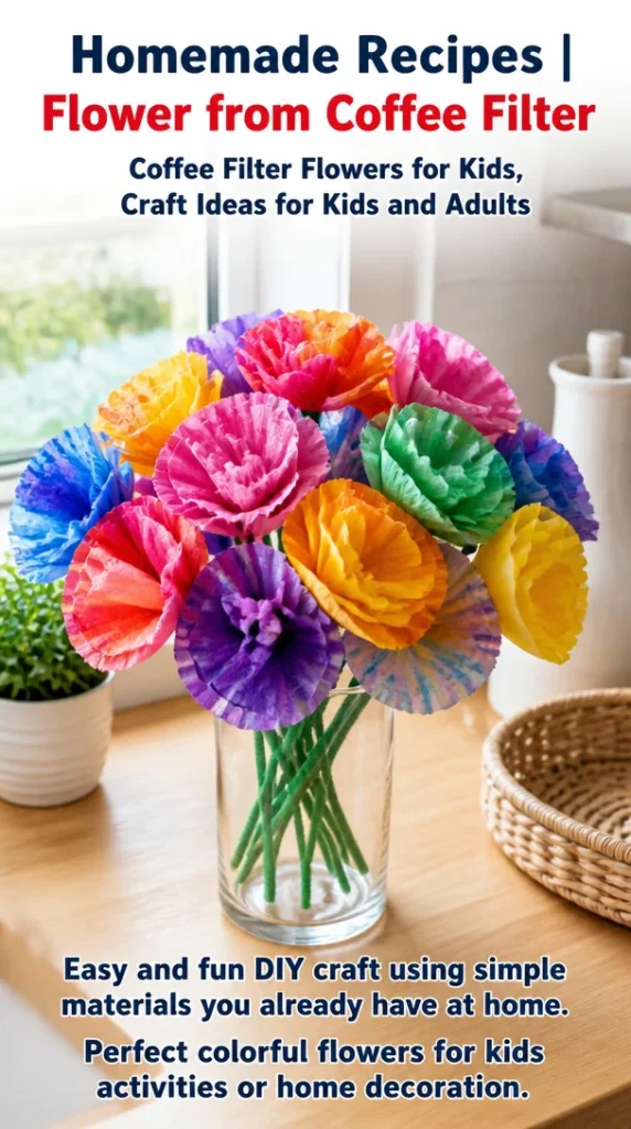 Colorful coffee filter flowers made through simple crafting techniques