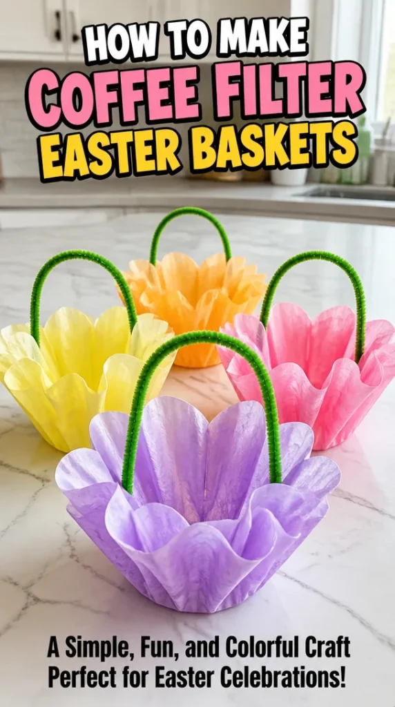 Colorful coffee filter Easter baskets filled with decorations and treats.