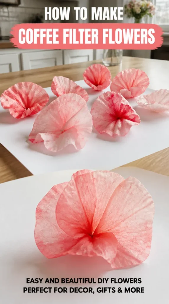 Colorful coffee filter flowers crafted for decoration and DIY projects.