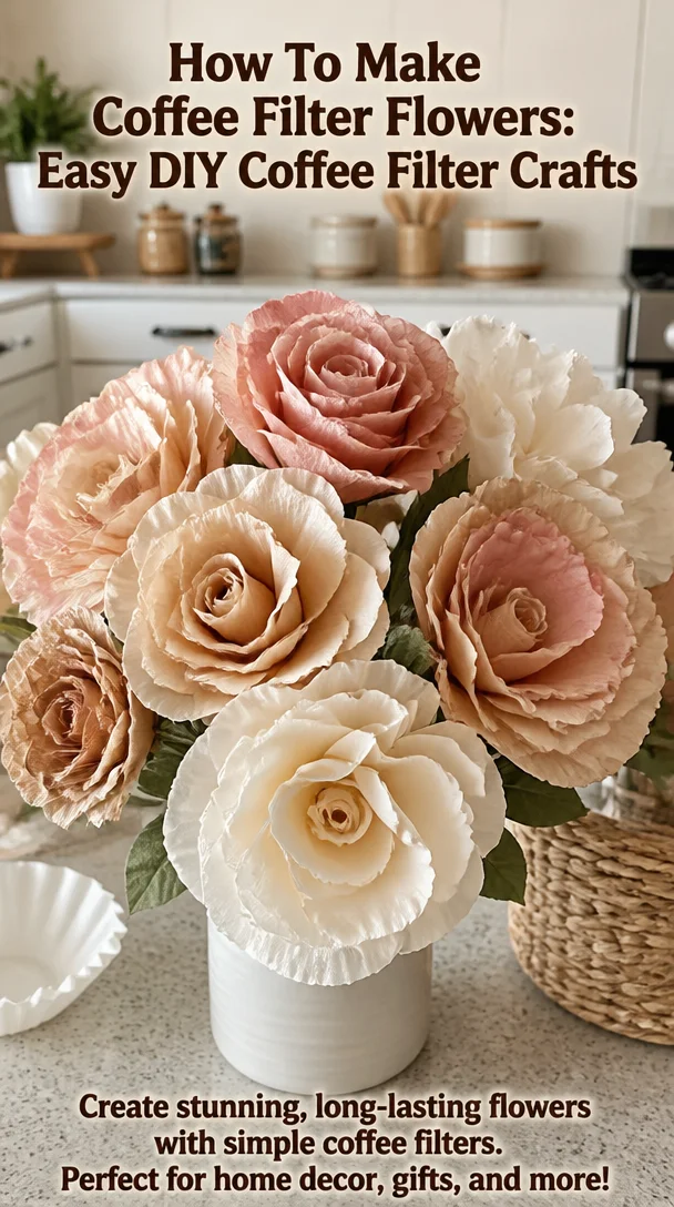 Colorful coffee filter flowers displayed in a vase, showcasing DIY craft creativity.