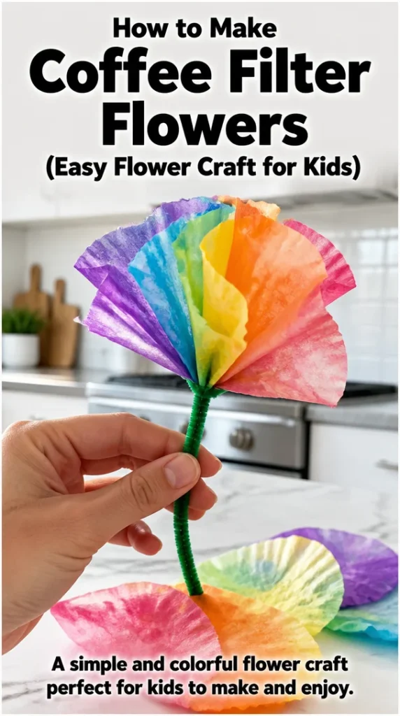 Colorful coffee filter flowers made in a kids' craft activity.